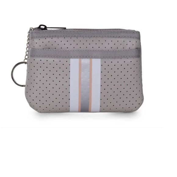 Accessories - Coated Neoprene Card Case with Keyring - NWT - Gray with Peach & White Stripe